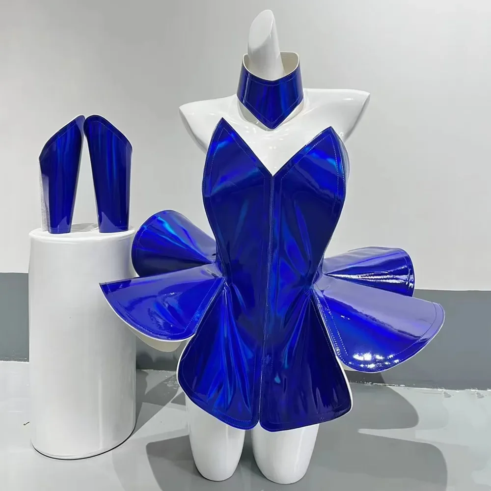 

Blue Laser Bubble Mini Dress Cuff Reflective Dance Costume Women Bar Nightclub Sexy Performance Space Future Technology Clothes