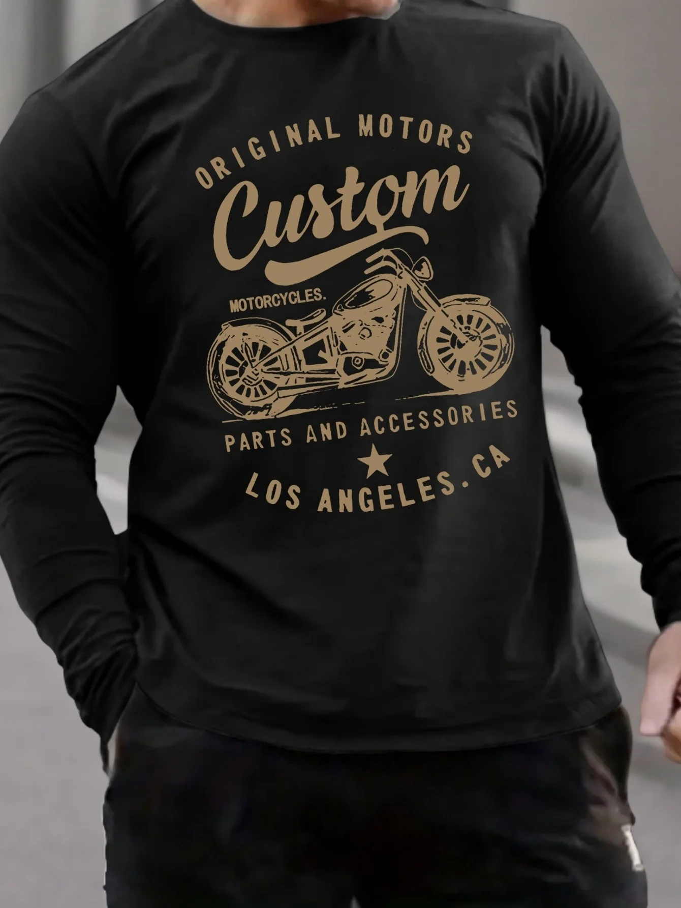 

Men's 100% pure cotton loose and comfortable sports and leisure retro motorcycle print round neck long sleeved T-shirt top