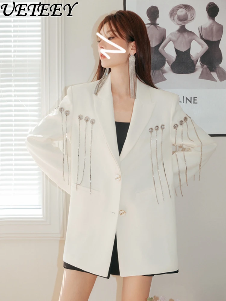 Beaded Tassel Diamond Loose Suit Jacket Women's Autumn Design High-Grade Rhinestone Elegant White Business Blazer Coat