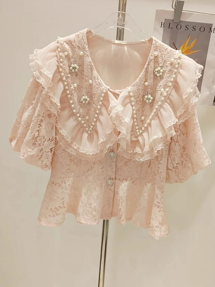 

Кружевные блузки, рубашка с кукольным воротником из бисера, милая летняя рубашка Y2k с коротким рукавом, женский топ, корейская мода, свободная футболка с оборками Mujer