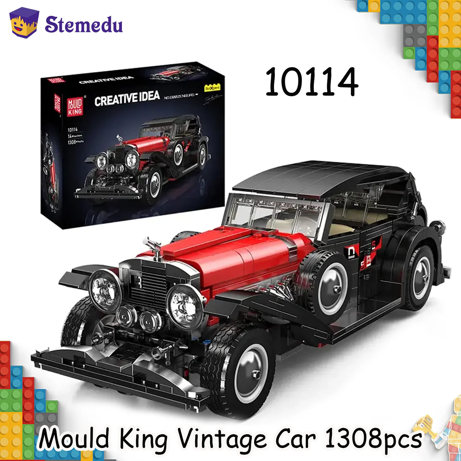 

1308 шт. Mold King 10114 Технический автомобиль, игрушки, красный винтажный автомобильный строительный блок в сборе, старый автомобильный набор кирпичей, детский рождественский подарок