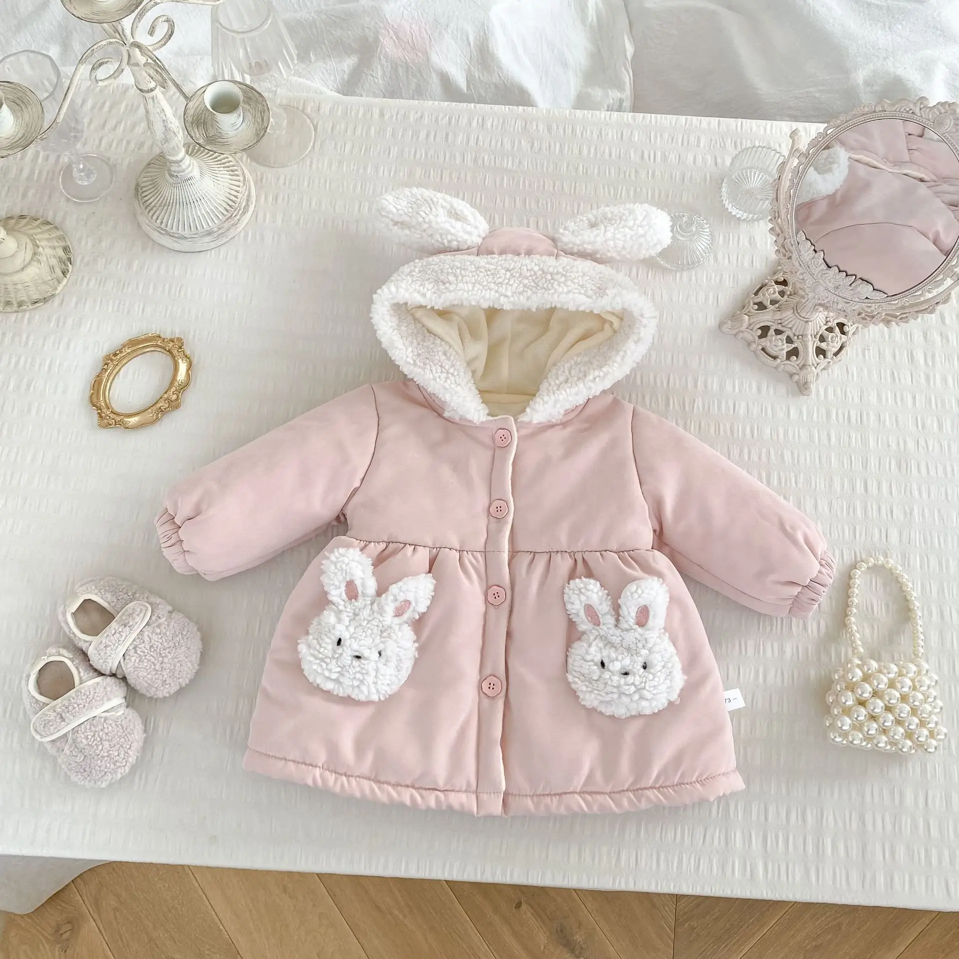 

2025 Winter New Girls Fleece Hooded Coat Cotton Children Cotton Padded Jacket Baby Girl Cute Cartoon Coat Kids Warm Clothes