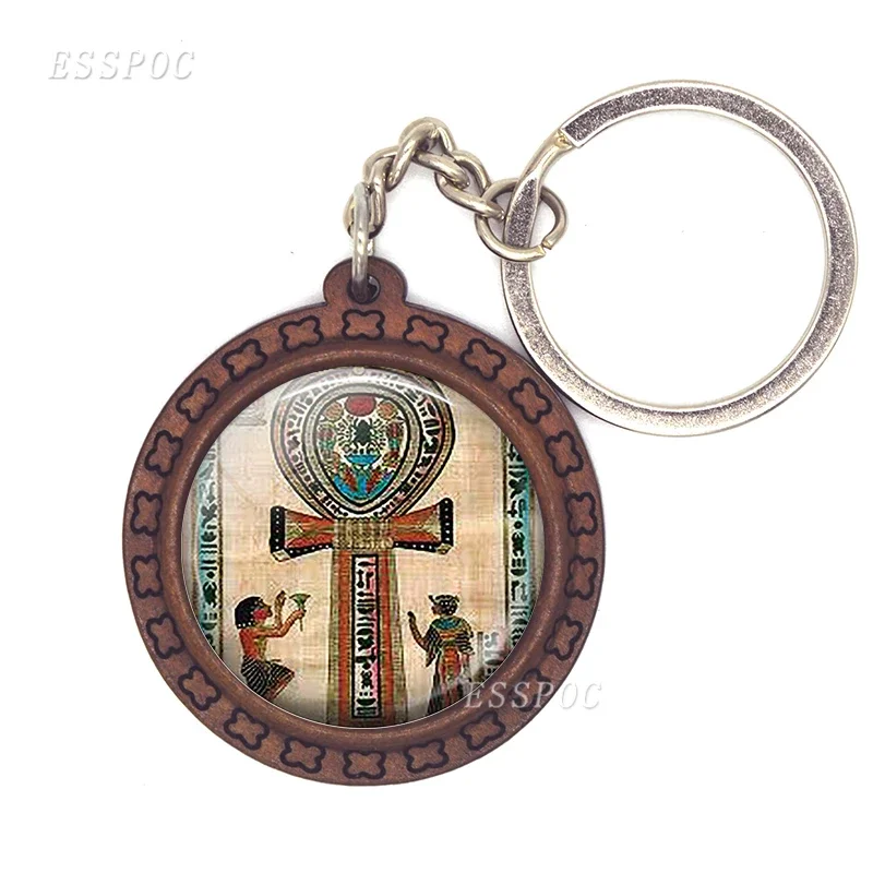 Egyptian Ankh Cross Keychain Vintage Jewelry Ancient Egypt Anubis Scarab Goddess Glass Dome Wooden Keychain Fashion Accessories