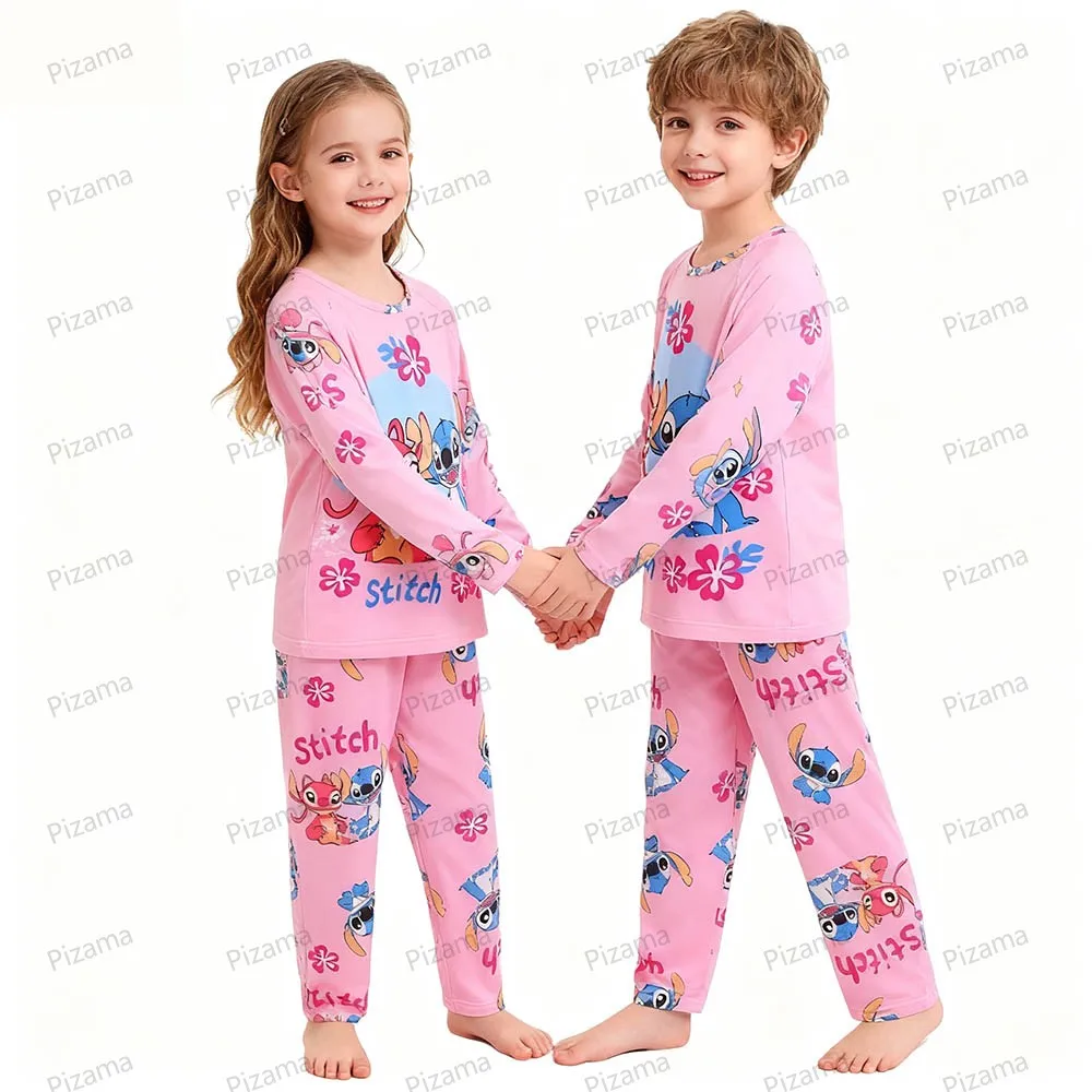 طقم بيجامة للأطفال بأكمام طويلة مع طابع غرزة باللون الوردي، ملابس مريحة للأطفال، ملابس نوم منزلية، ملابس نوم ليلو وستيتش