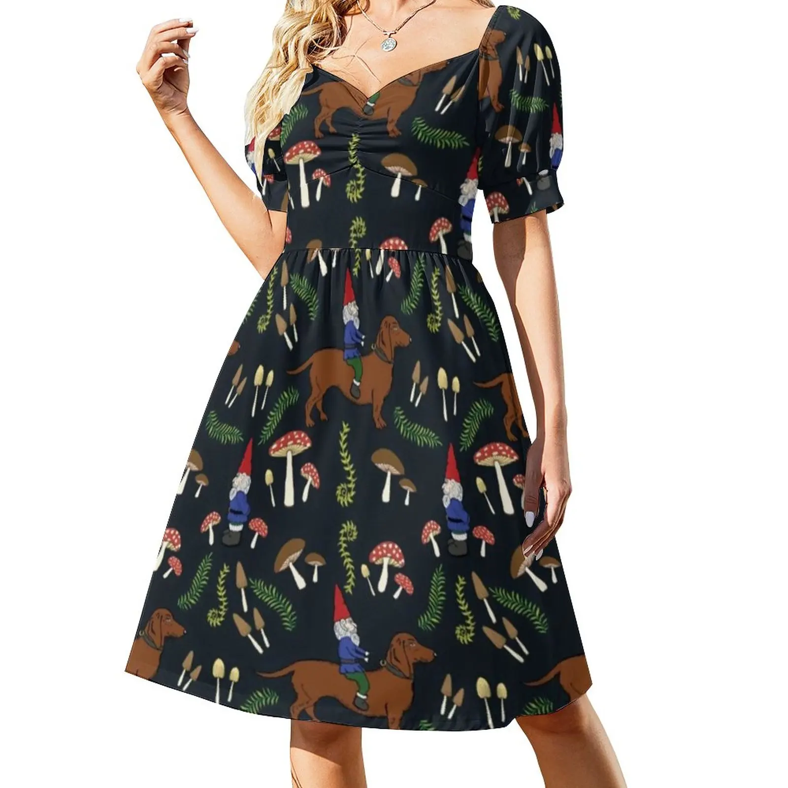 

Cute Dog Dachshund Dress Sexy V Neck Mushroom Forest Print Festival Dresses Women Aesthetic Pattern Oversized Casual Dress Gift