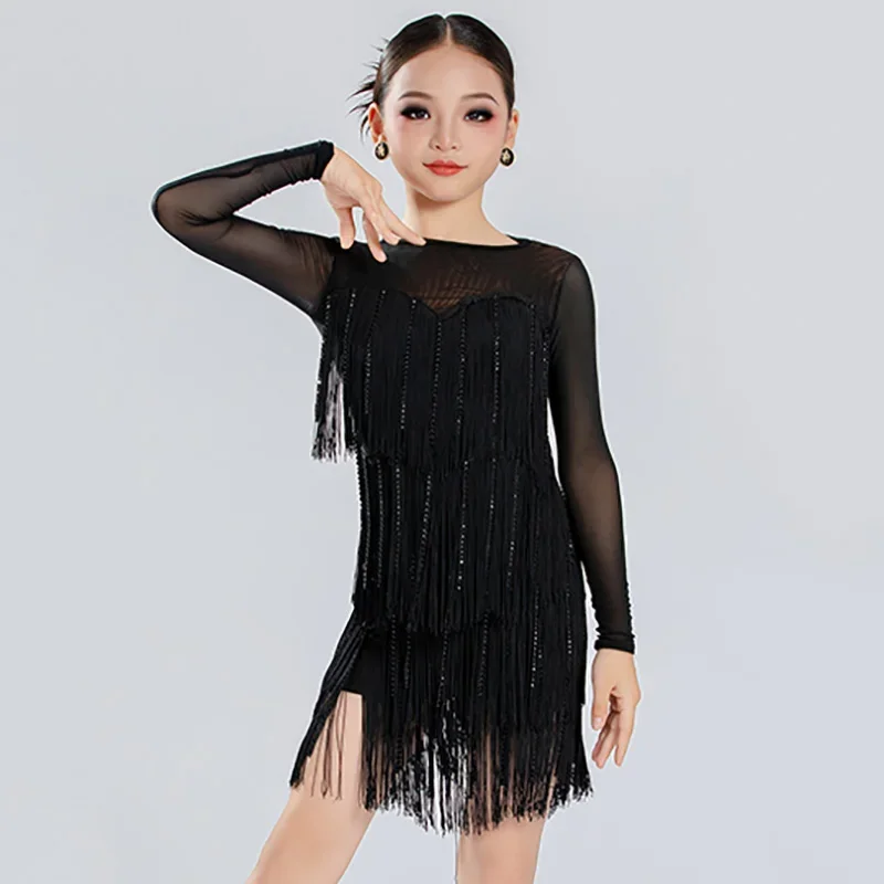 

Детская одежда для латинских танцев с кисточками и бриллиантами для девочек, детский национальный стандарт, черный костюм для соревнований, платье для бассейна