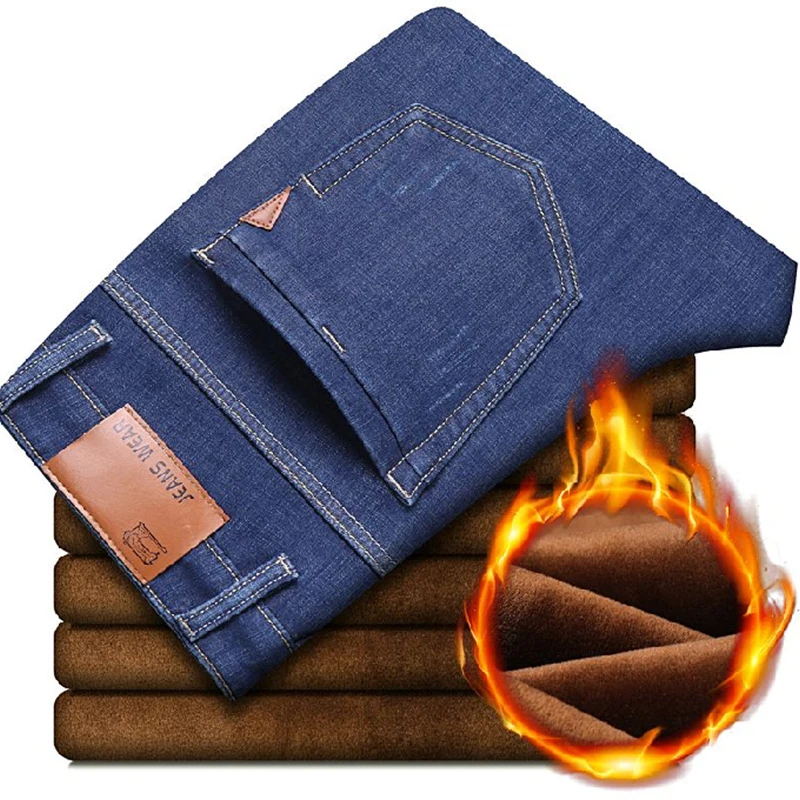 Autumn and Winter Warm Men's Business Classic Jeans Fleece Thicken Stretch Slim Fit Casual Denim Pant Male vaqueros para hombres