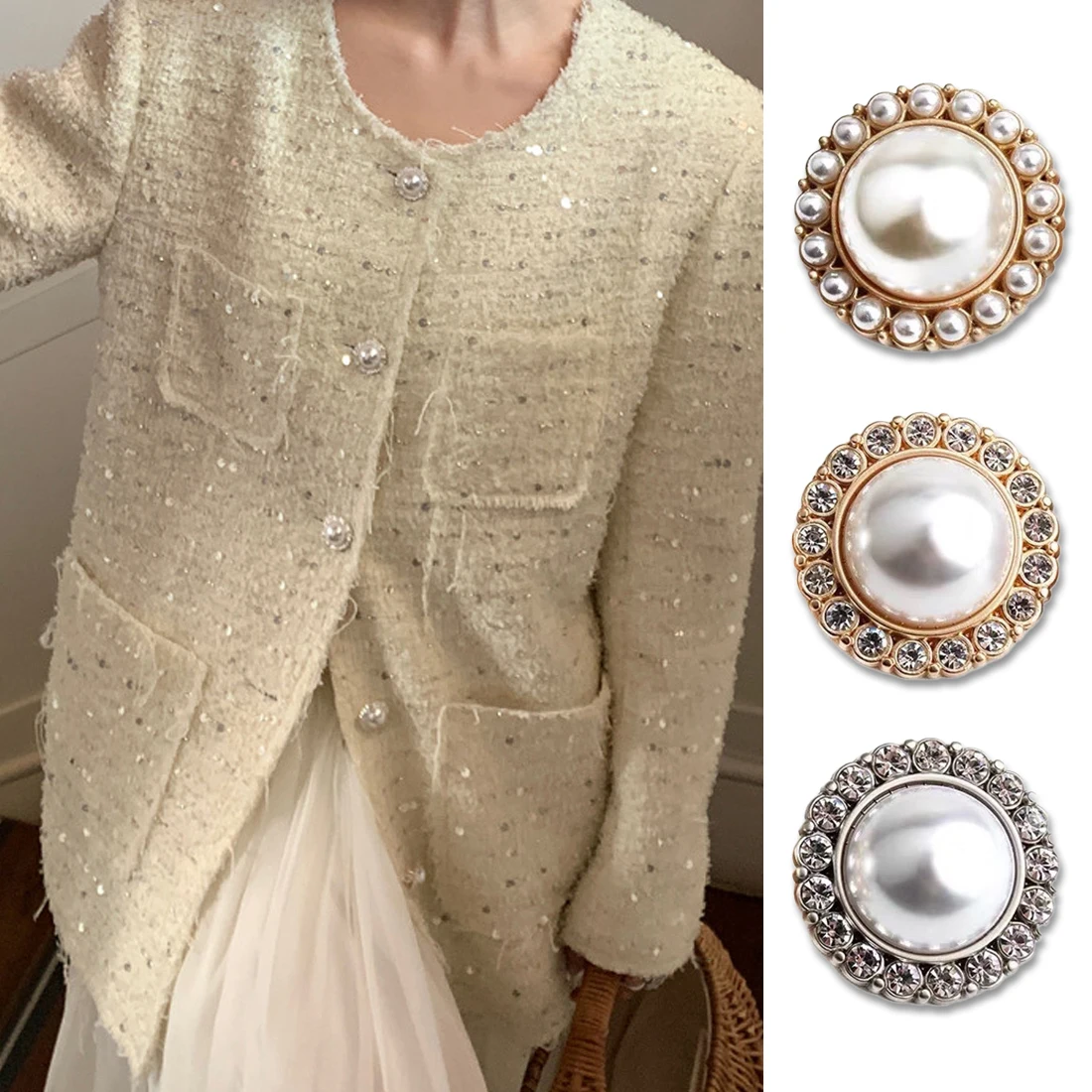 Rhinestone Buttons for Women, Stylish Sewing Accessories, Golden Pearl Buttons, Up Shirt, Windbreaker, Metal Buttons for Clothin