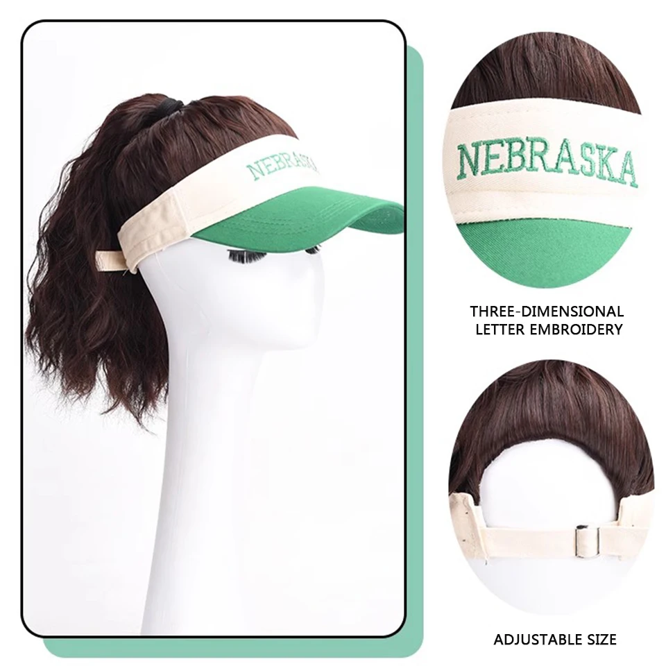 Gorra de béisbol con cola de caballo rizada para mujer, sombrero de peluca sintética, gorra de béisbol ajustable, verde y blanco, primavera y verano