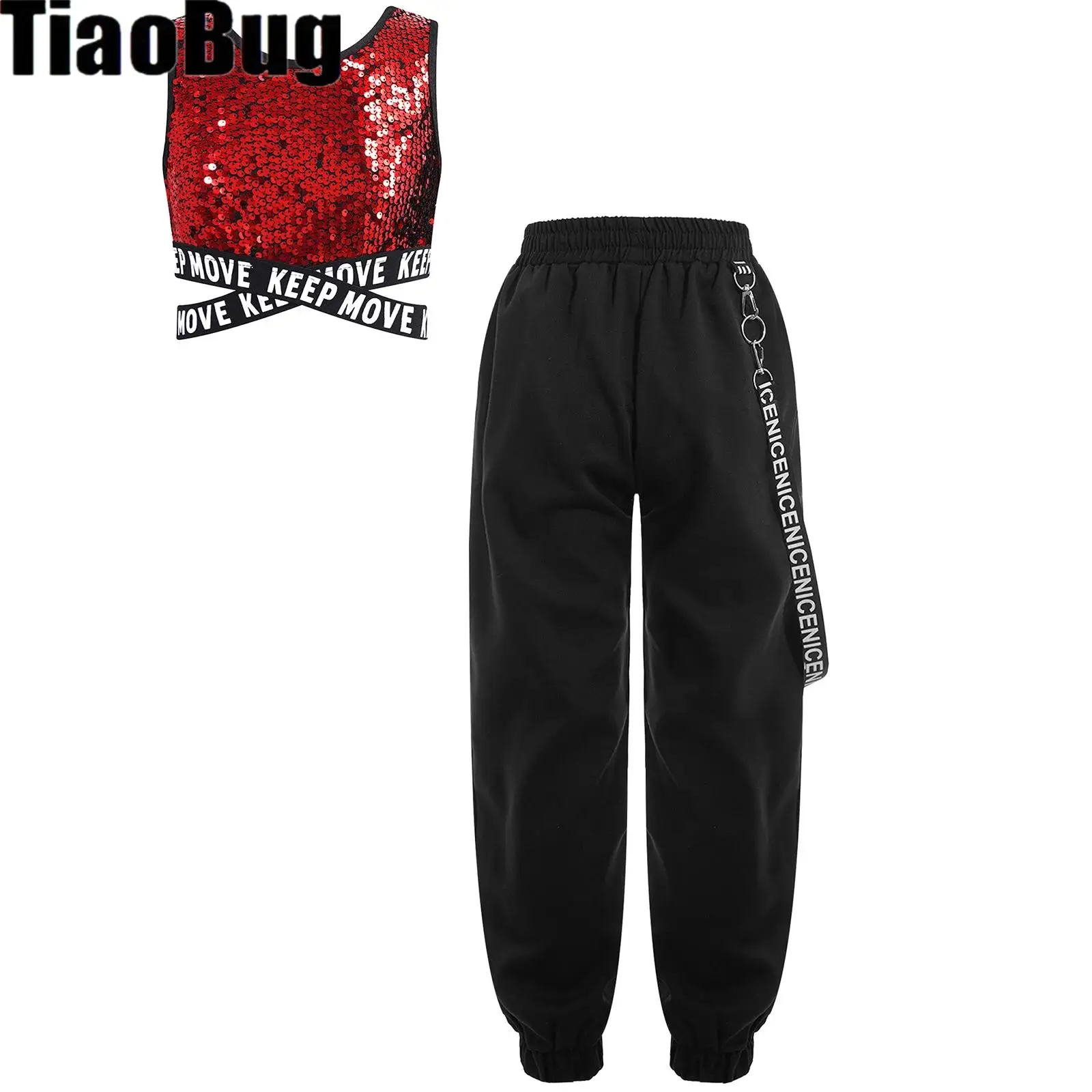 

Kids Girls Hip-hop Dance Sets Sleeveless Round Neck Criss-cross Waistline Sequins Crop Top with Metal Chain Pocket Pants