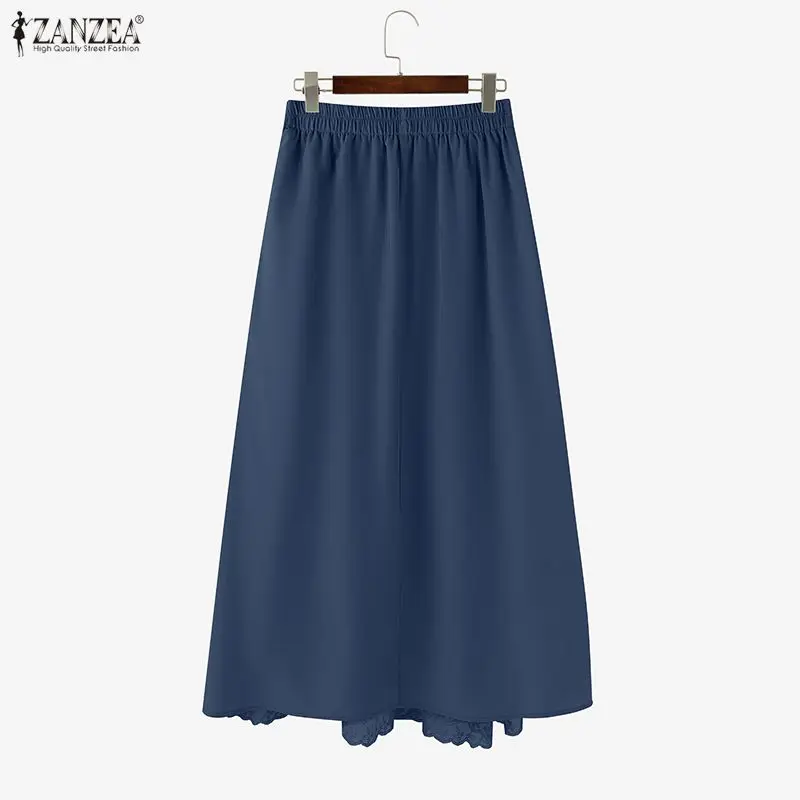 ZANZEA Fashion Lace Maxi Skirts Elegant Office Women Long Skirts Casual Ruffled Elastic Waist Jupes Faldas Saia Holiday Bottoms
