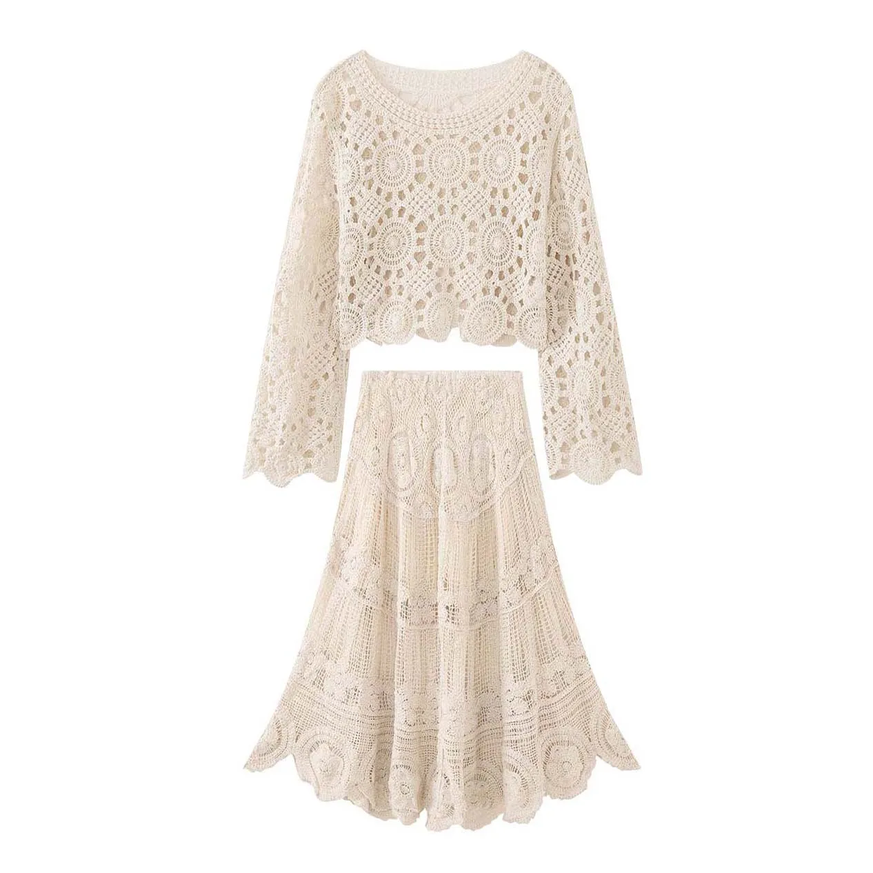 

Bohemia Crochet Top and Long Skirt Set Two Piece Cotton Lace Crop Tops Outfit