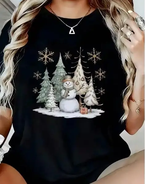 Plus Size Womens T Shirt Cute Christmas Snowman In Pine Forest Graphic Tee Winter Aesthetic Casual Oversized Short Sleeve Tops Soft Breathable Cotton Tshirts Loose Clothes