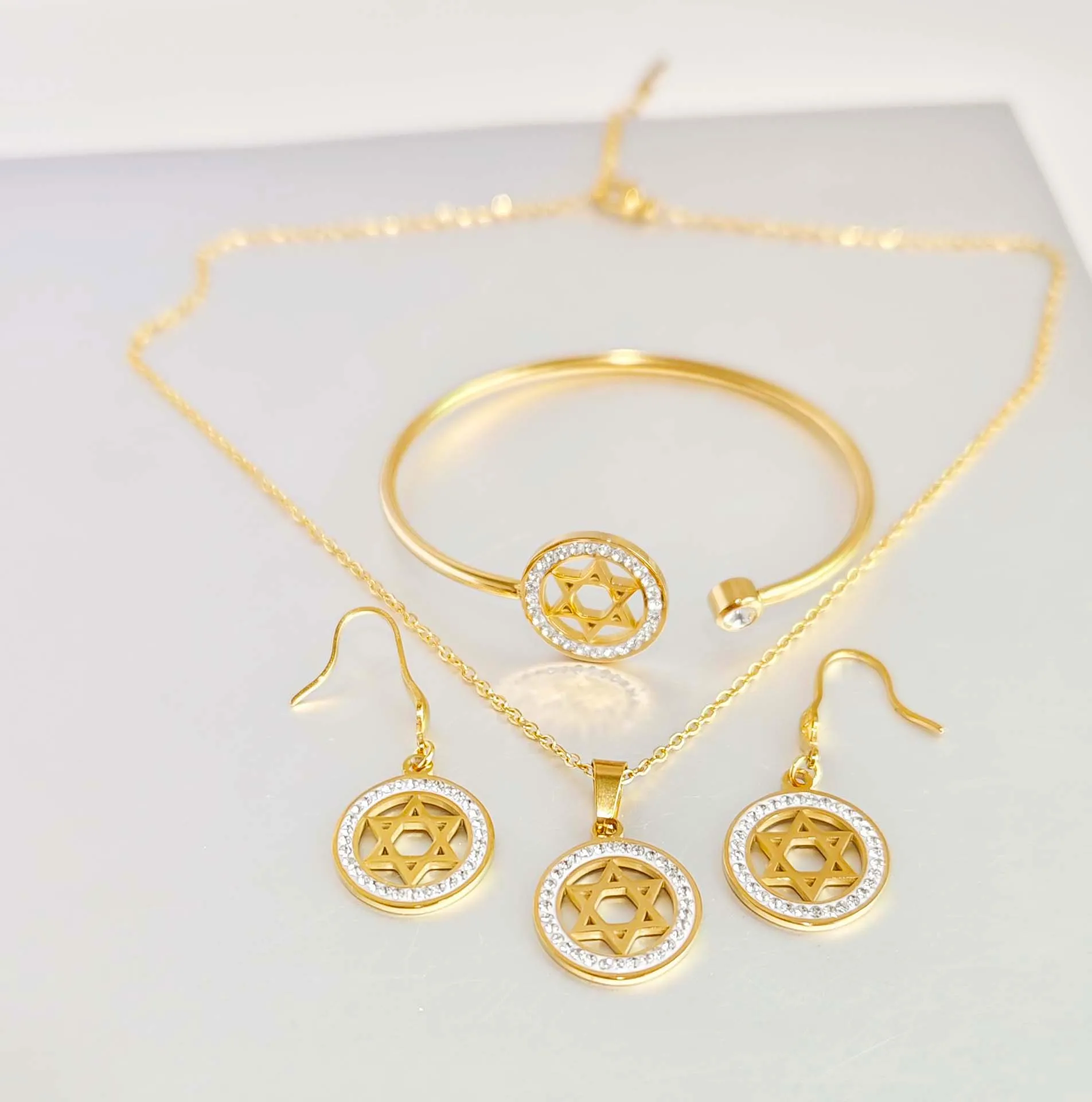 3-piece gold six pointed star three leaf knot design fashionable stainless steel women's jewelry set