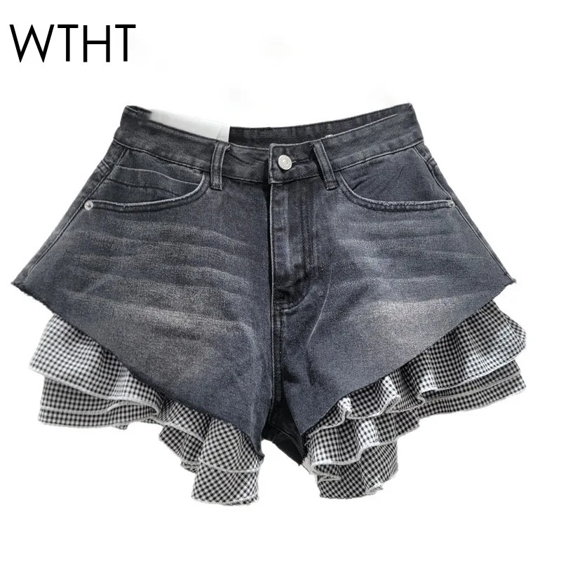 

WTHT Trendy New Women's Spliced Plaid Denim Shorts 2025 Summer Fashion High Waist Wide Leg Short Pants Female 1LS2125