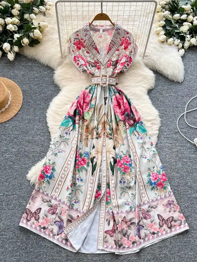 

Summer vintage long dress women French retro suit collar short sleeved printed evening party dresses single breasted long robe