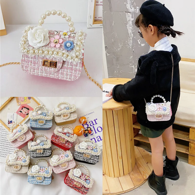 Sweet Cute Cartoon Princess Children's Shoulder Bag Fashion Square Lovely Flower Children Handbag Novel Pearl Handheld Kid Bags