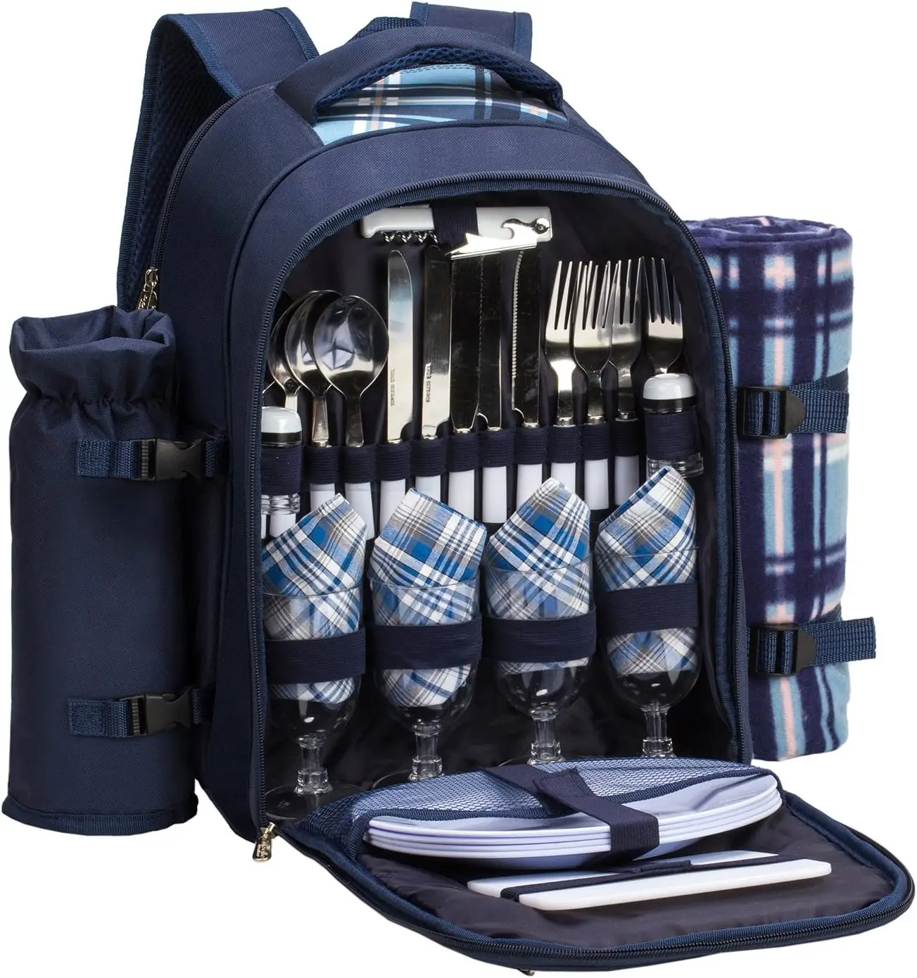 

4-Person Picnic Backpack with Cooler, Detachable Bottle Holder & Large Blanket for Outdoor Family Fun