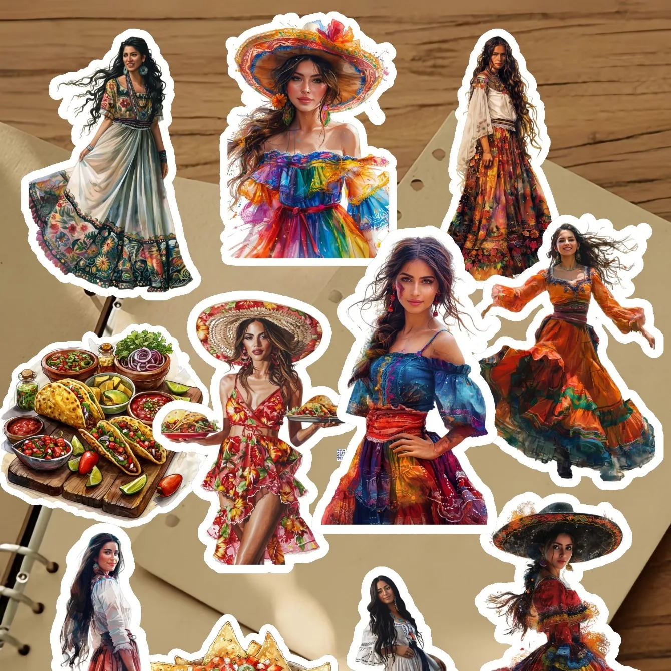 16pcs Watercolor Mexican Festival Ethnic Clothing Women stickers  Decoration DIY Scrapbooking Journal Phone Diary Album Planner