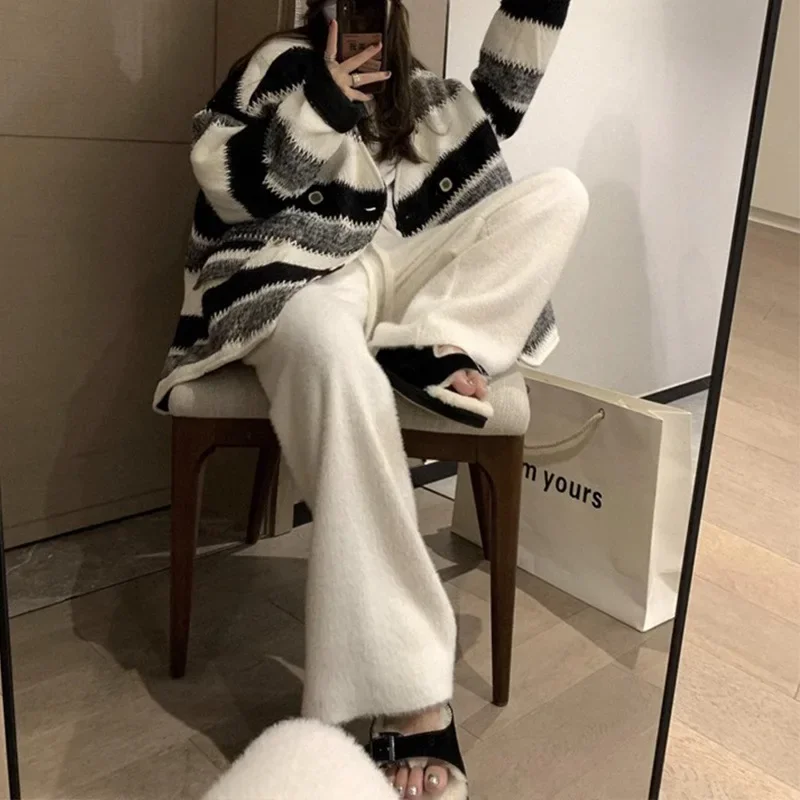 Korean Fashion Women's Wide Leg Pants Autumn Winter Plush Warm Knit Loose Casual Pants Y2k Sweatpants Women Streetwear