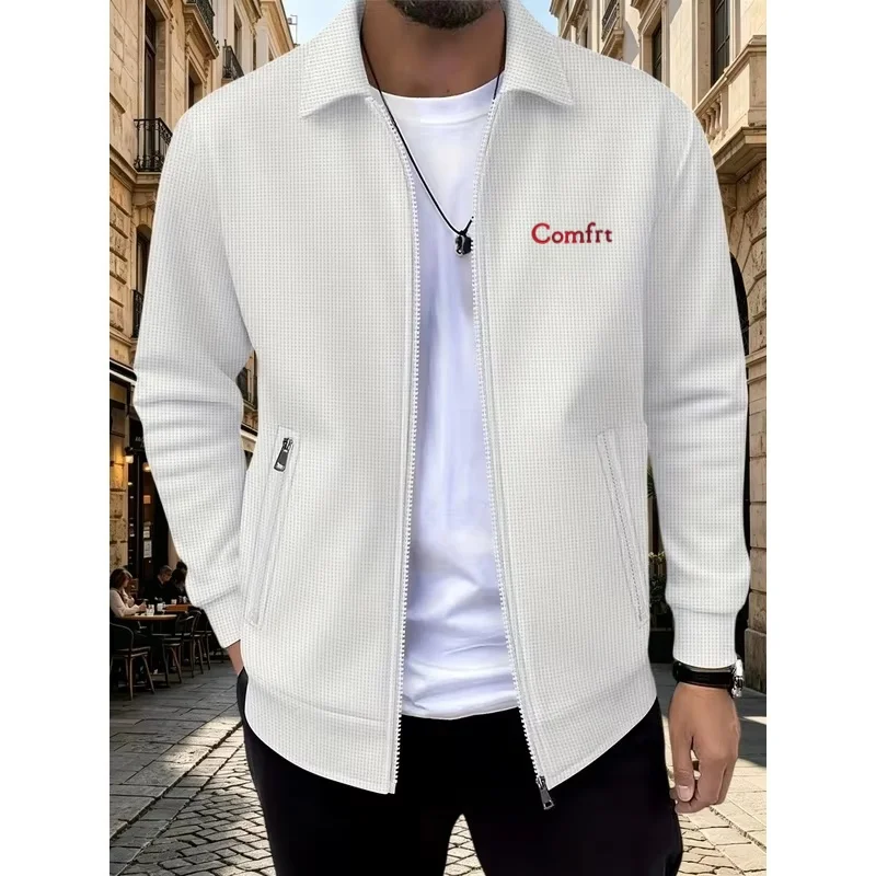 Men Waffle Lapel Zip Up Jacket Embroidery Logo Spring Autumn Long Sleeve Casual Coat Zipper Pockets Male Streetwear Outerwear