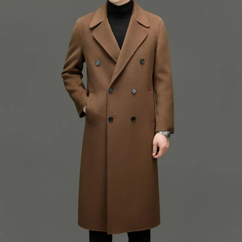 

Men's Long Double Faced Wool Coat Over Knee Double Breasted Wool Trench Outerwear for Autumn Winter