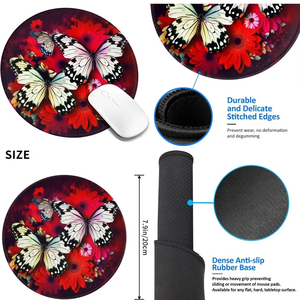 

8 Inch Round Comfort Gaming Mousepad with Colorful Flowers and Butterflies, Stitched Edge, Non-Slip Rubber Base, Waterproof