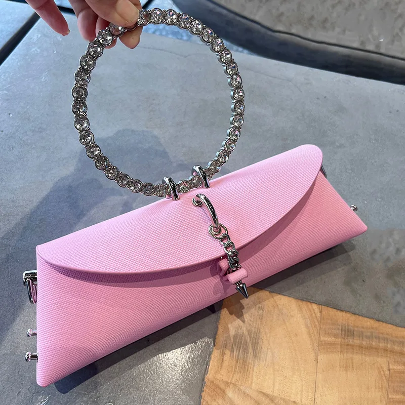 

Luxury Designer Clutch Bag For Women 2025 With Chain Metal Ring Handle PU Leather Rhinestones Purses Fashionable Shoulder Bag