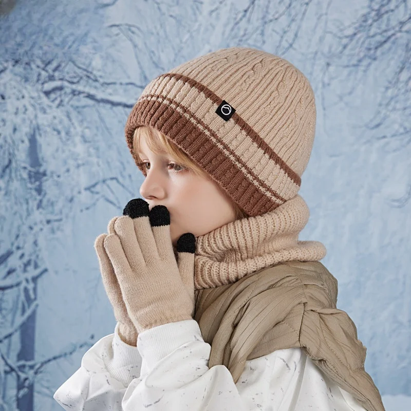 Children's hats, gloves, bib suits, knit wool hats with winter velvet ear protectors, Darling outdoor thermal hood