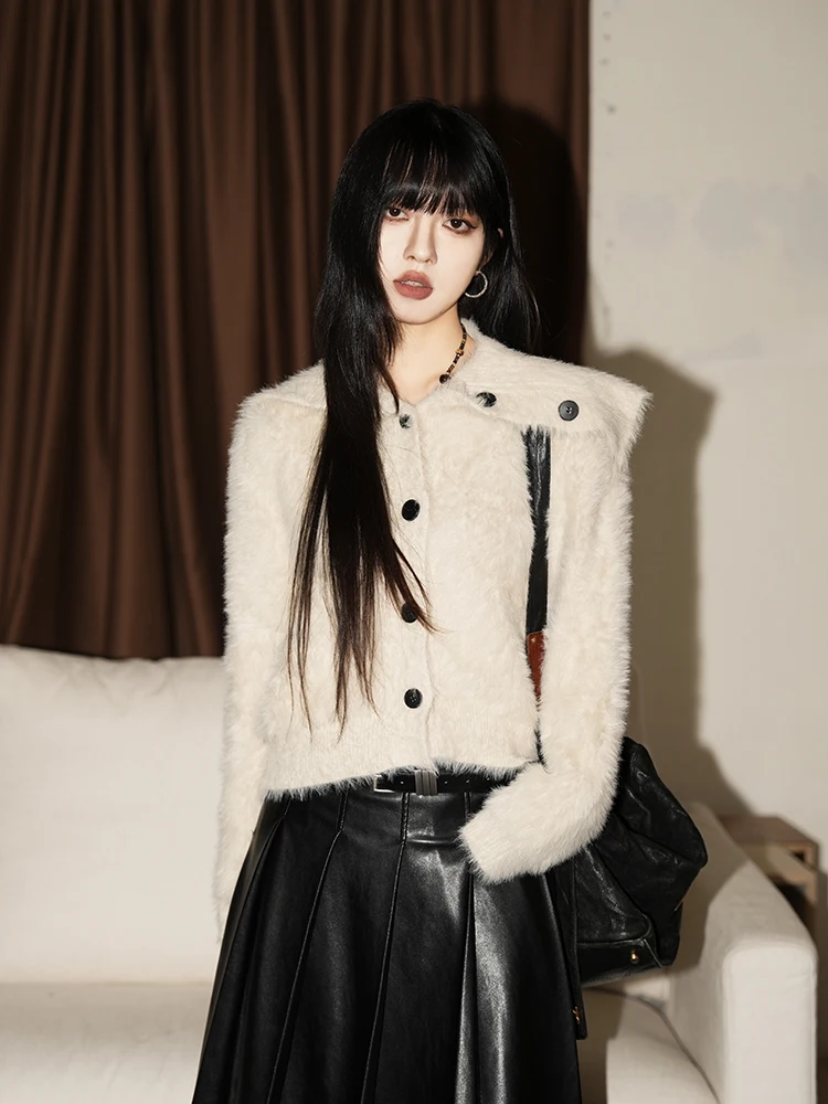 

Ретро-кардиган с большим воротником, утепленный, вязаный, для женщин, осенне-зимний, свободный, на пуговицах, пушистый топ