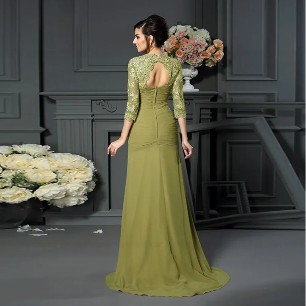 Brautkleider für die Brautmutter, grün, schmale Passform, bodenlang, herzförmige Blumen, elegantes Damen-Abschlussballkleid mit drei Viertelärmeln