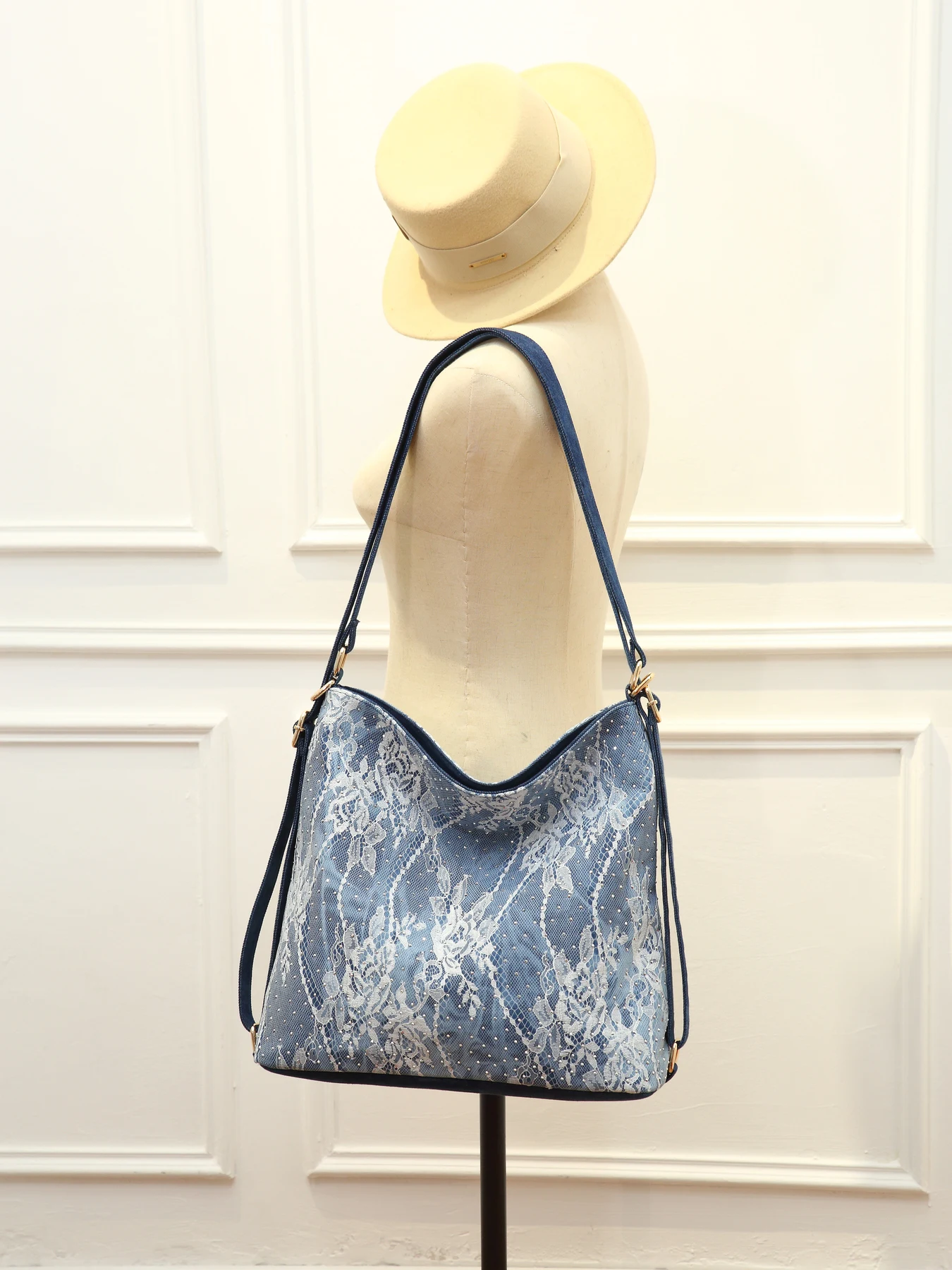 French Lace Drawstring Large Capacity Tote Bag Hot Diamond Denim Fabric Multifunctional Shoulder Bag