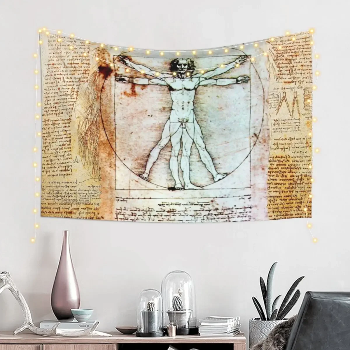 VITRUVIAN MAN Leonardo Da Vinci Handwriting Antique Parchment Tapestry Decoration For Home Japanese Room Decor Tapestry