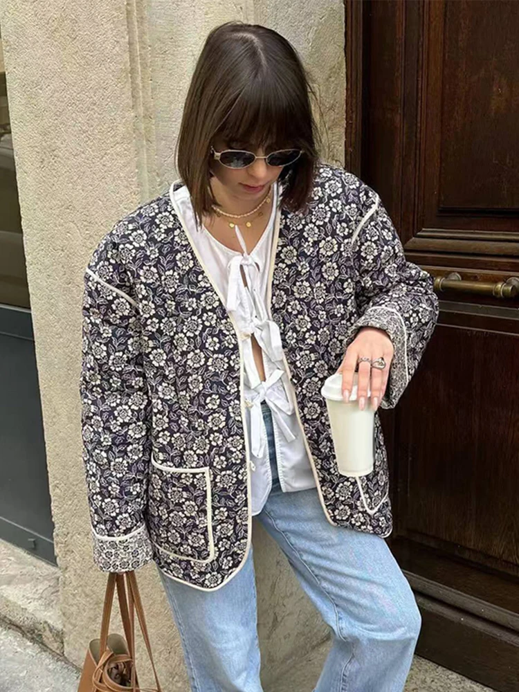 Vintage Floral Print Quilting Coats Women Loose V-neck Long Sleeve Single Breasted Pocket Jacket 2024 Autumn Winter Lady Outwear