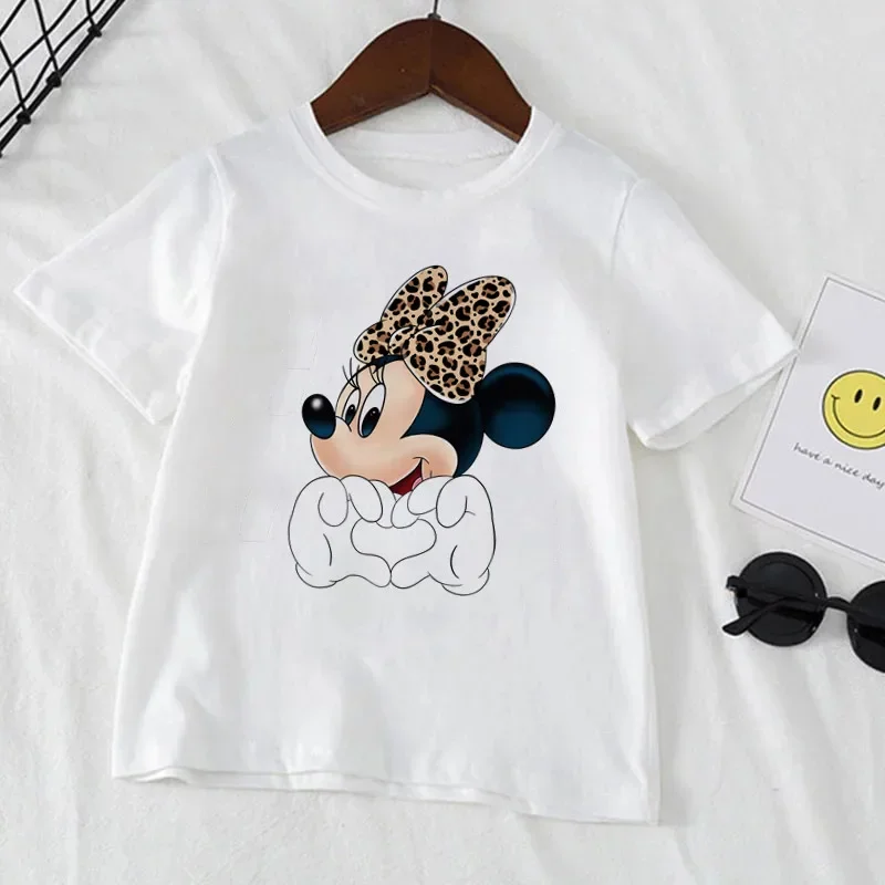 2024 Disney Minnie Mouse Print Girls Clothes Child T-shirt White Short Sleeve Tee Shirt for 1 to 12 Year Old Girls