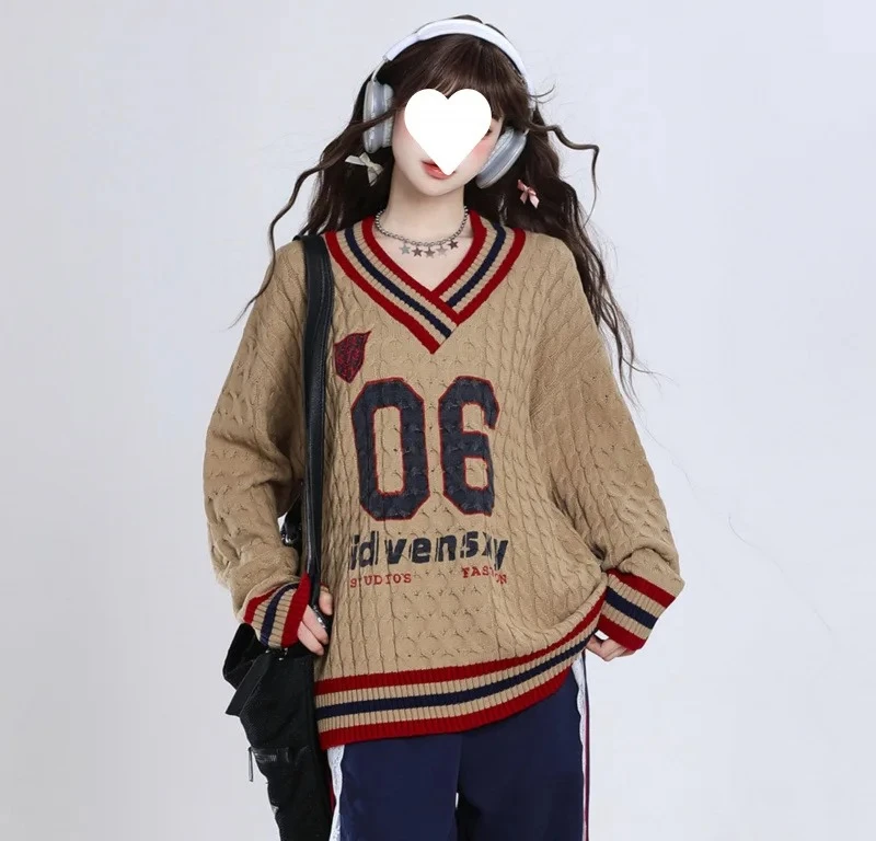 

Свободный пуловер с v-образным вырезом, женский осенне-зимний модный вязаный свитер в ленивом стиле с цветными блоками