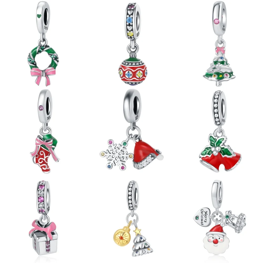 Real 925 Silver Color Wreath Christmas Tree Candy Charms Beads Fit S925 Original Bracelets Fine DIY Jewelry Christmas Gifts