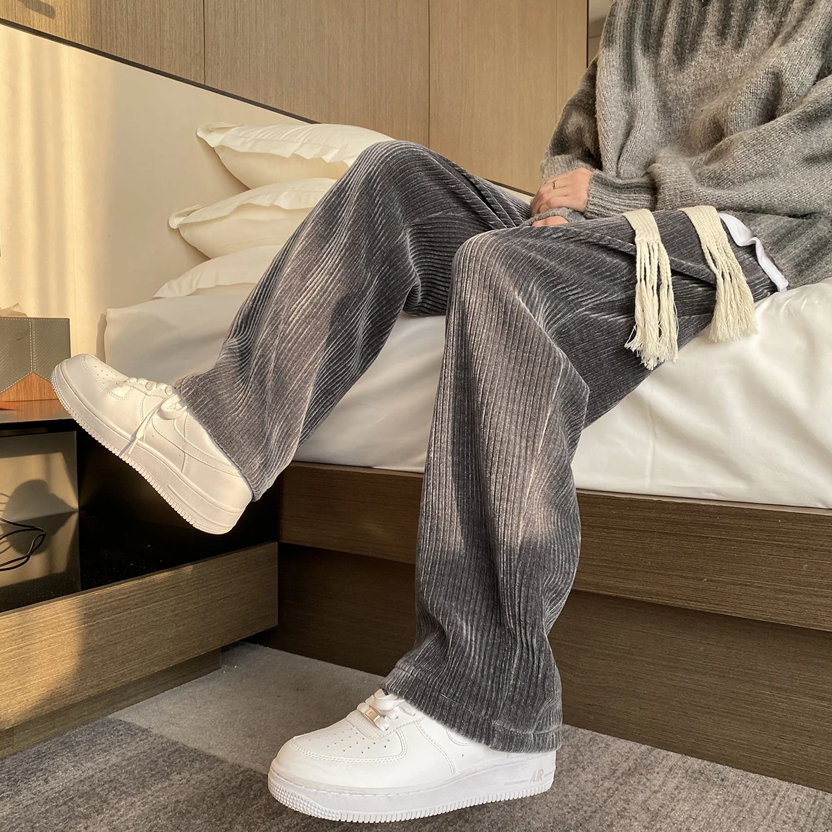 سروال قصير Fce مبطن واسع الساق سراويل تقليدية Thiened الخريف الشتاء الرياضة مستقيم الساق زوجين Sweatpants منخفضة الخصر اتجاه الشباب #2