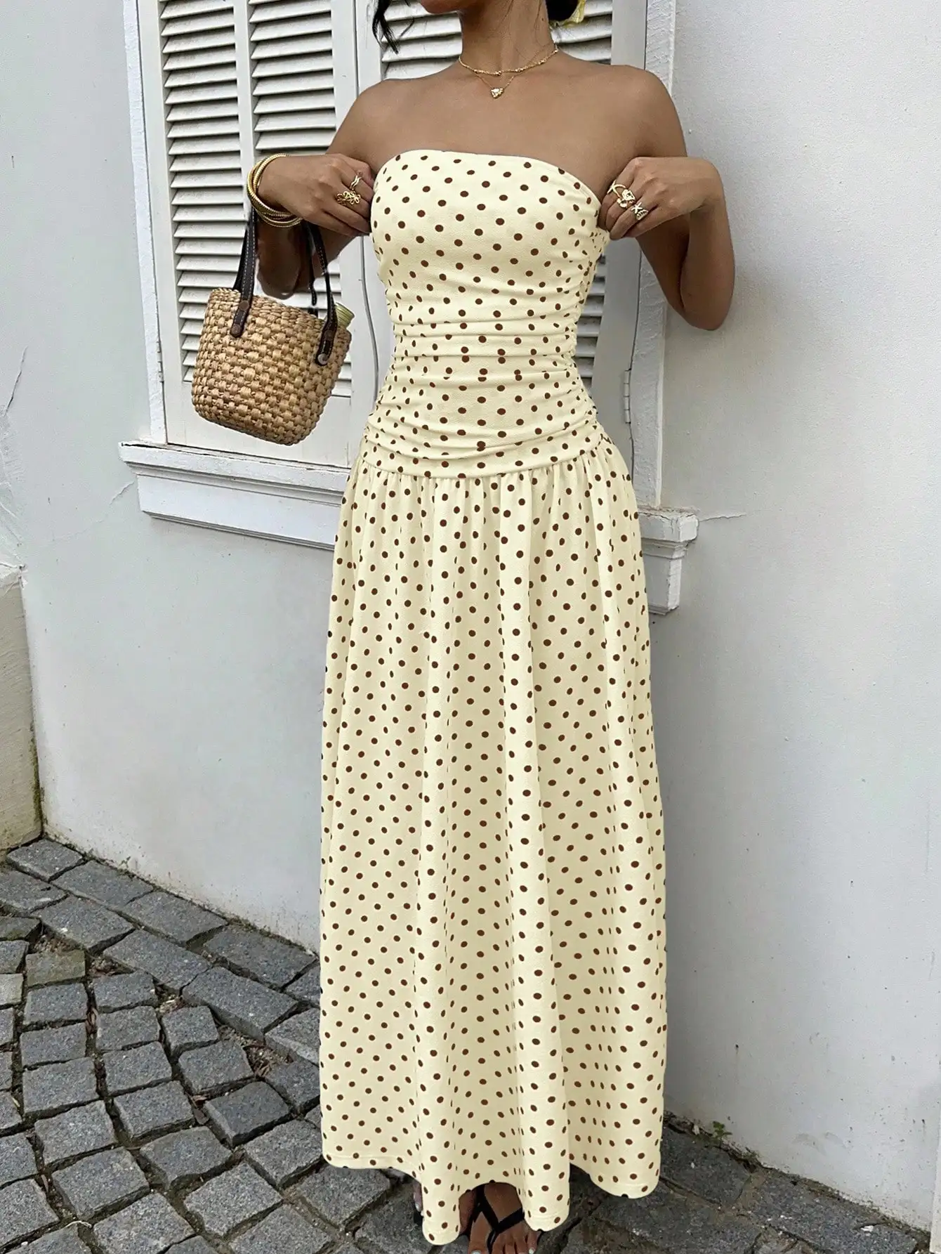 

Повседневное кремово-желтое платье макси в горошек без бретелек для женщин