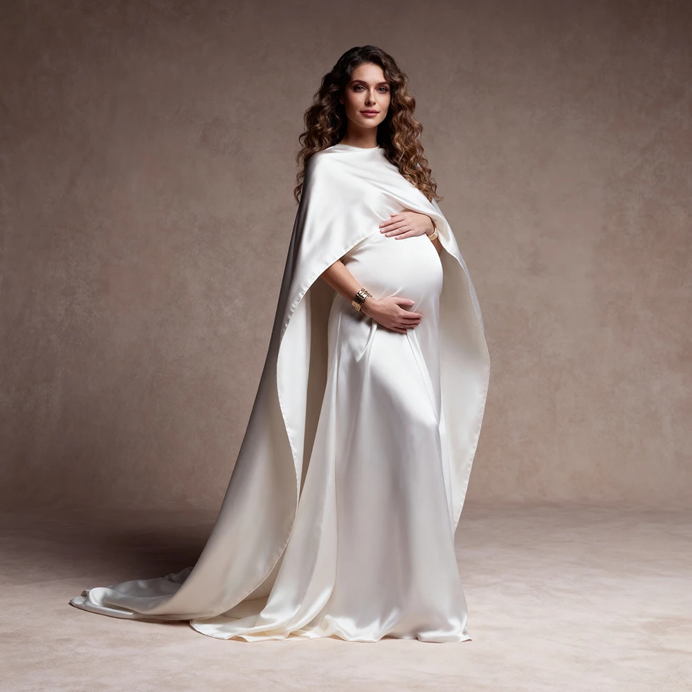 فساتين حمل بيضاء لالتقاط الصور مع أكمام كيب فستان طويل لالتقاط الصور للنساء الحوامل لالتقاط الصور #1