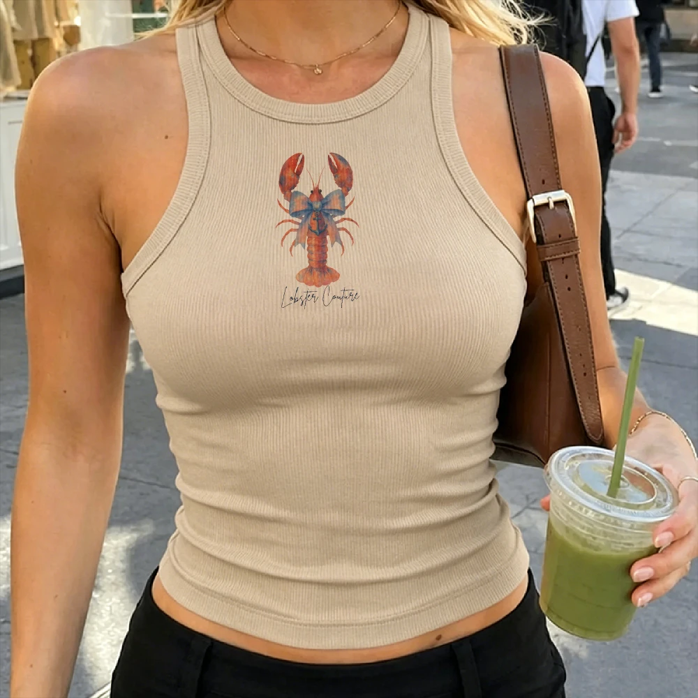 Ribbed Tank Top Y2k Crop Top Camisole Sleeveless Lobster Watercolor Bow Tie Cute Coastal Preppy Gift Breathable Women Clothing