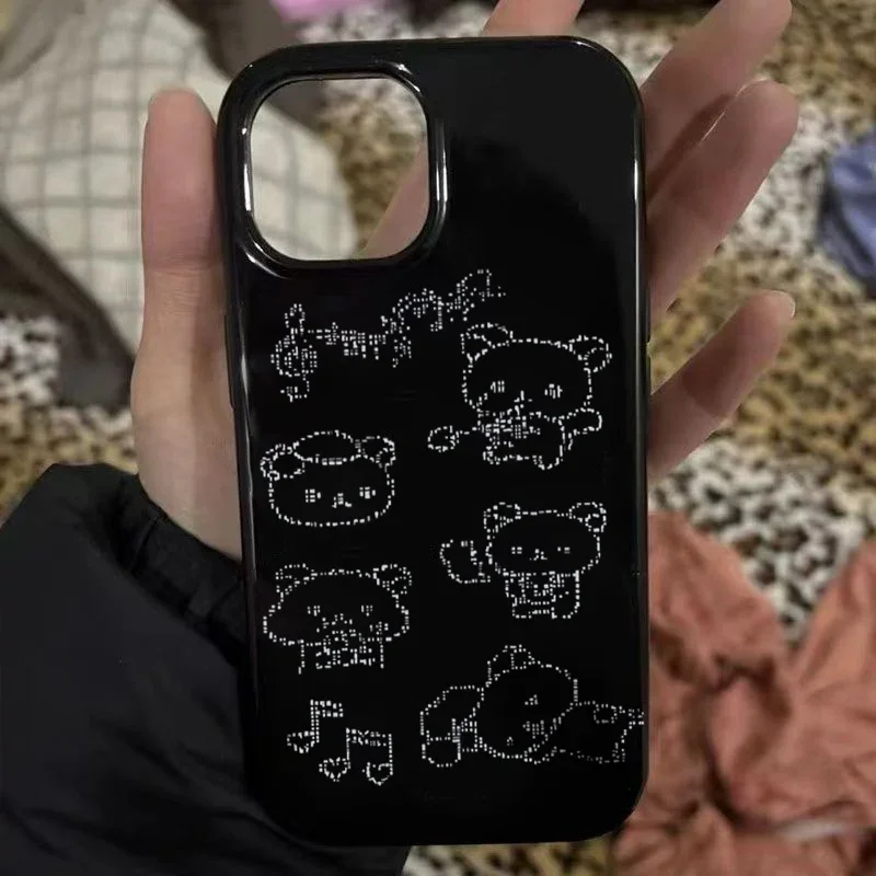 Kawaii linha urso preto silicone dos desenhos animados na moda kawaii caso de telefone para iphone 16 15 14 13 12 11 pro max xs 7 8 plus mini y2k capa