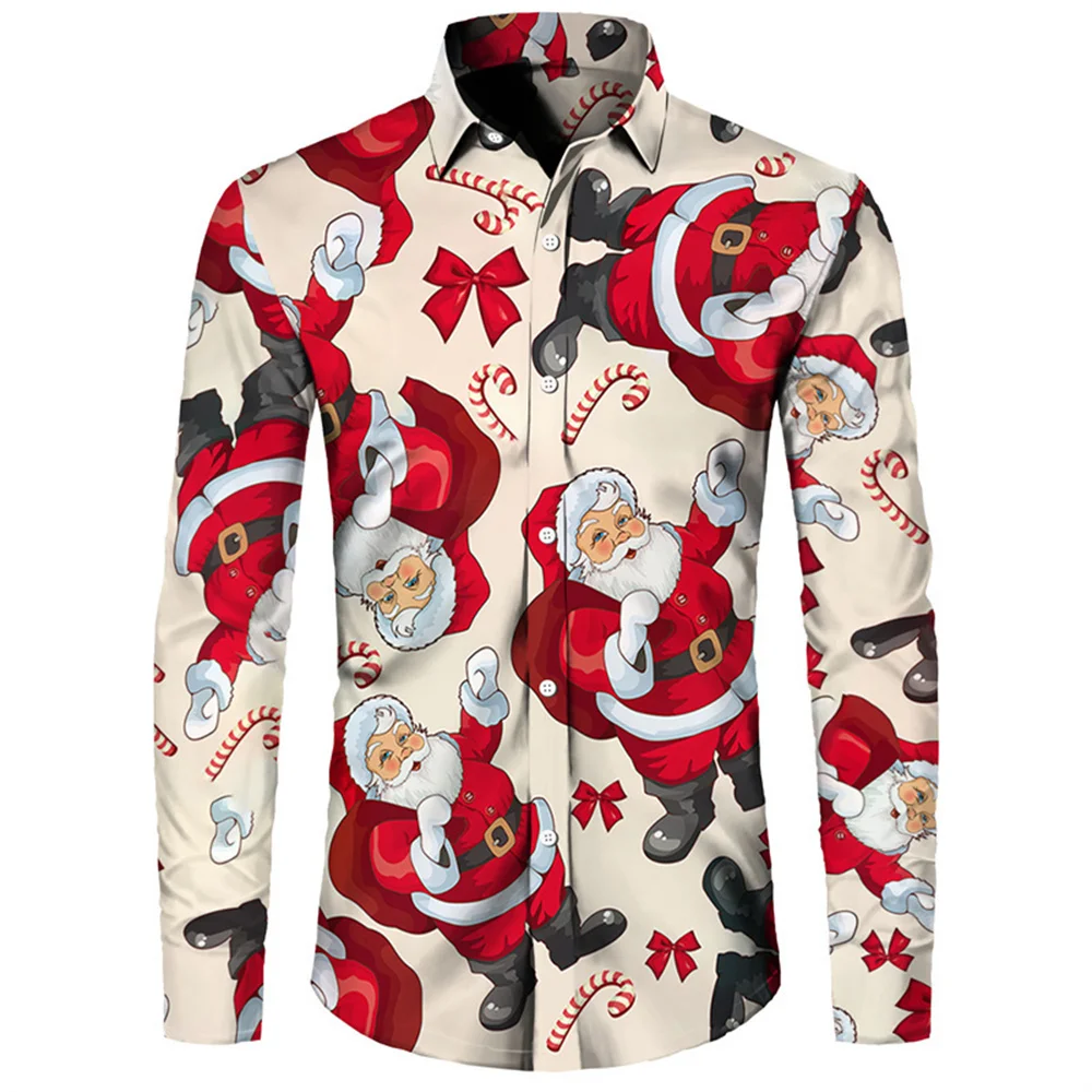 

Santa Claus printed men's shirt fashionable Christmas dress style high-end shirt loose and comfortable long sleeved formal wear