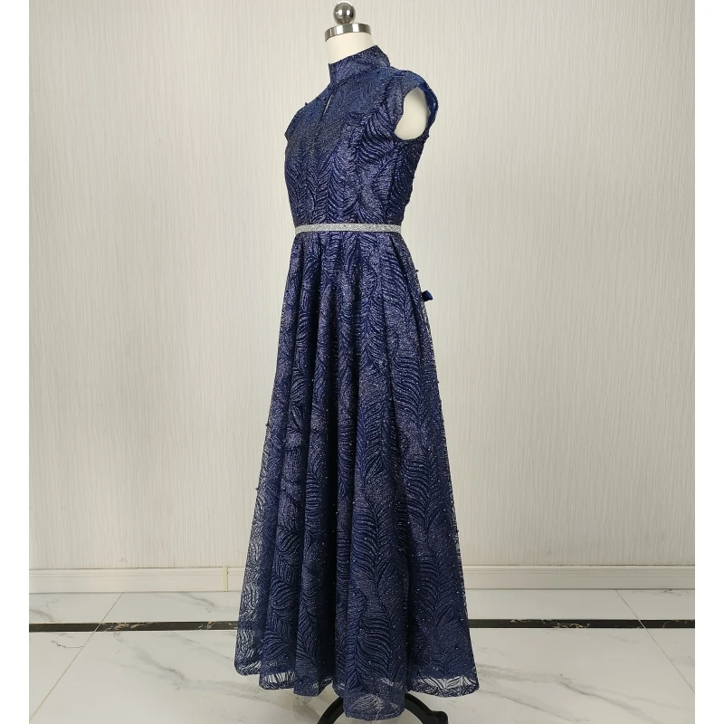 Customized Real Photo Flower Girl Dress Navy Blue Glitter High neck Sleeveless Lace up A-line Floor Length Kid Gowns TZ025