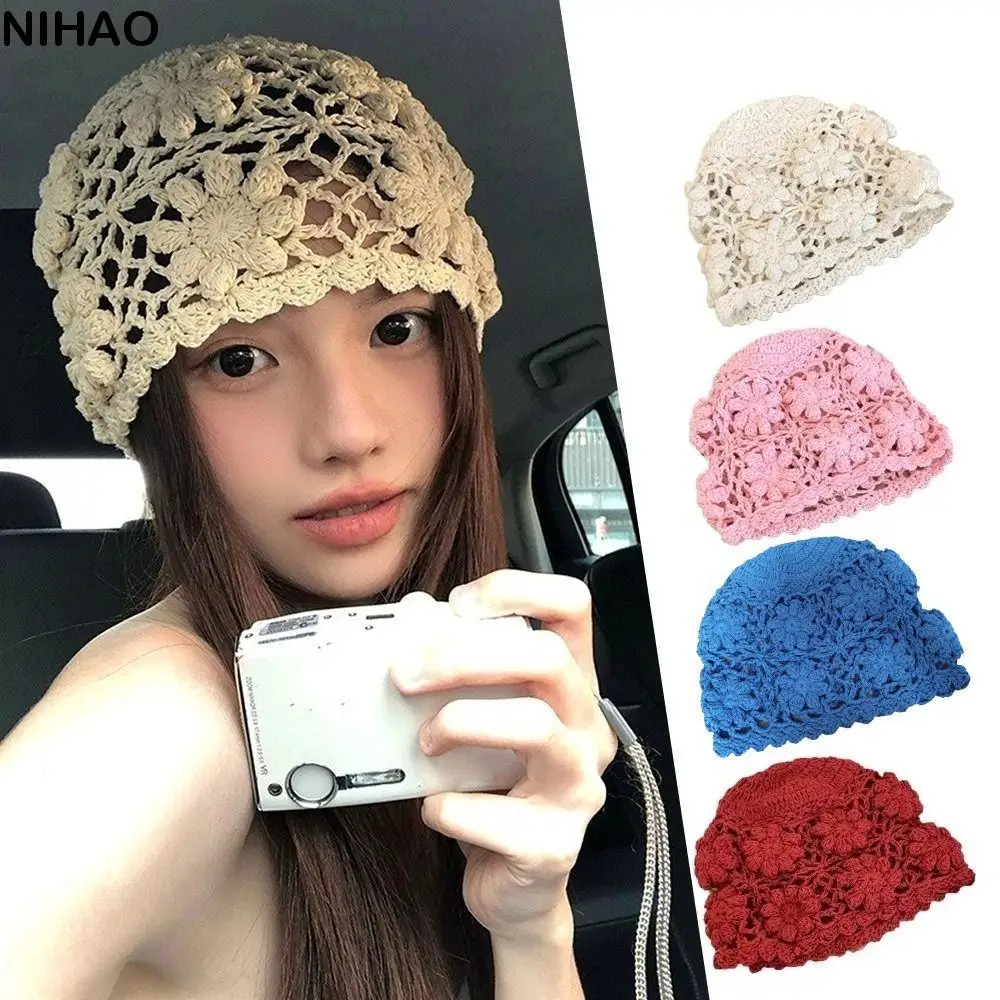 

Ethnic Handmade Crochet Flower Hat Weave Hollow Knit Basin Caps Women Y2k Beanies Cap Ladies
