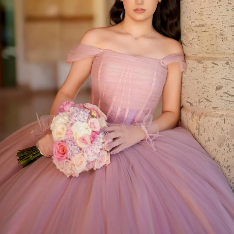 

Pink Quinceanera Dress off-shoulder Glitter Decal Lace Layering Ruffle Long tail vestidos de 15 Quinceanera ﻿Customize