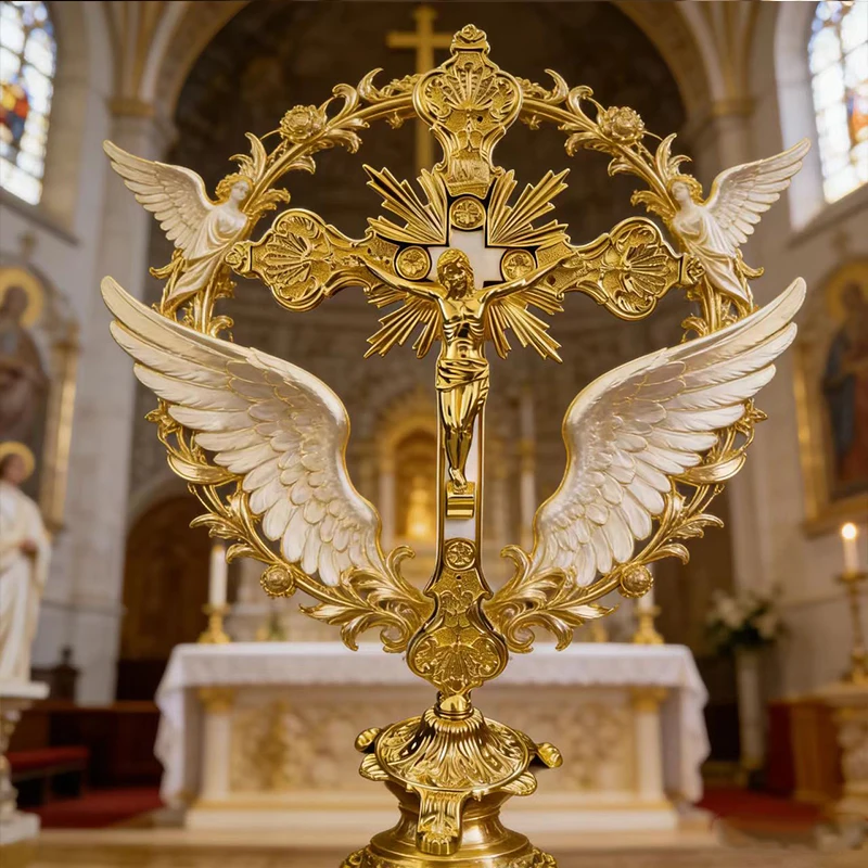 New 2026 Durable Gold-Plated Orthodox Altar Crucifix with INRI Engraving Standing Cross for Sacred Space and Worship Practices