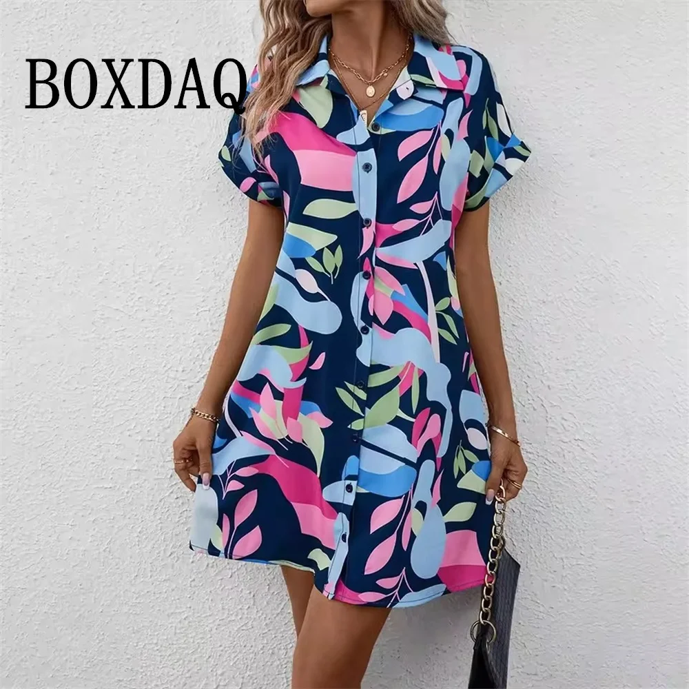 2025, Sommer-Damenkleid, modisch, kurzärmelig, Hemdkleid, 3D-Blattdruck, täglich, lässig, Revers, Knopf, kurzes Kleid, Basic, lange Oberteile