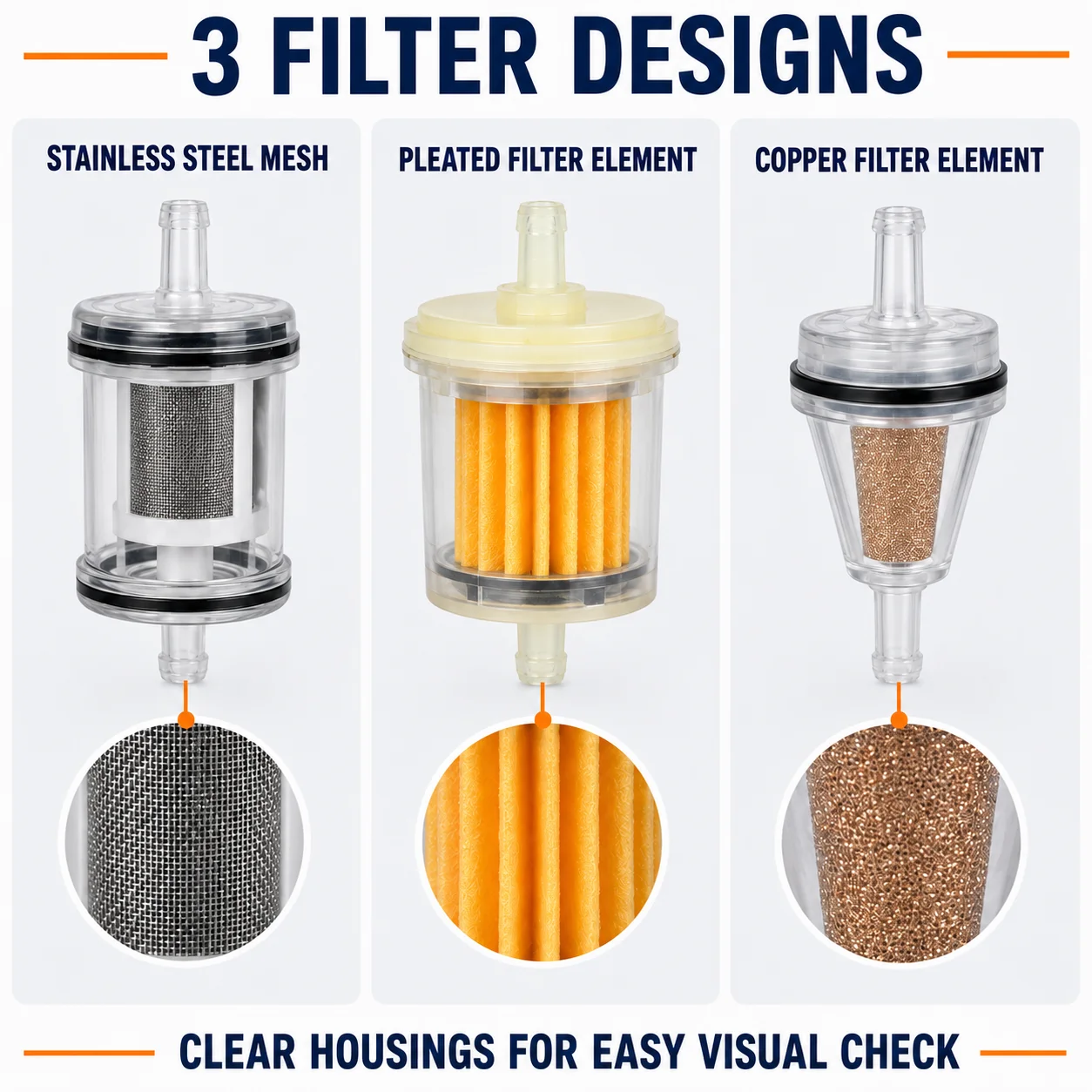 10PCS Mixed Inline Fuel Filter Set with Stainless Mesh Pleated and Copper Elements for Motorcycle Scooter ATV