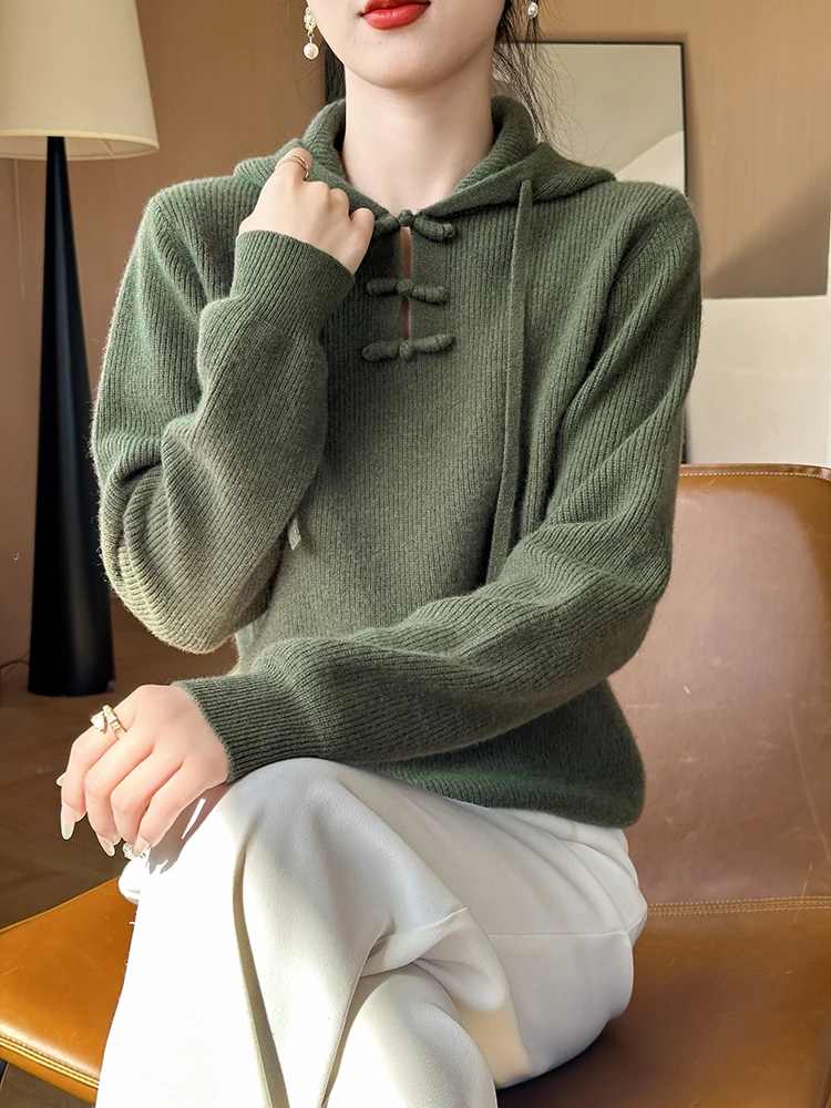 Nowy, elegancki sweter damski w stylu chińskim z kapturem, zapinany na guziki, jesienno-zimowy, wykonany w 100% z wełny merino, z regulowanym sznurkiem, swobodny, dzianinowy top.